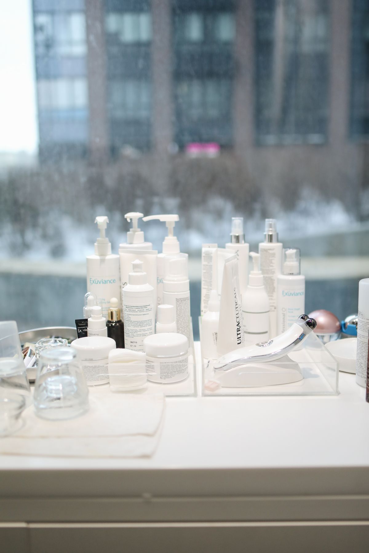 Shelf of professional beauty products displayed in an Edinburgh salon