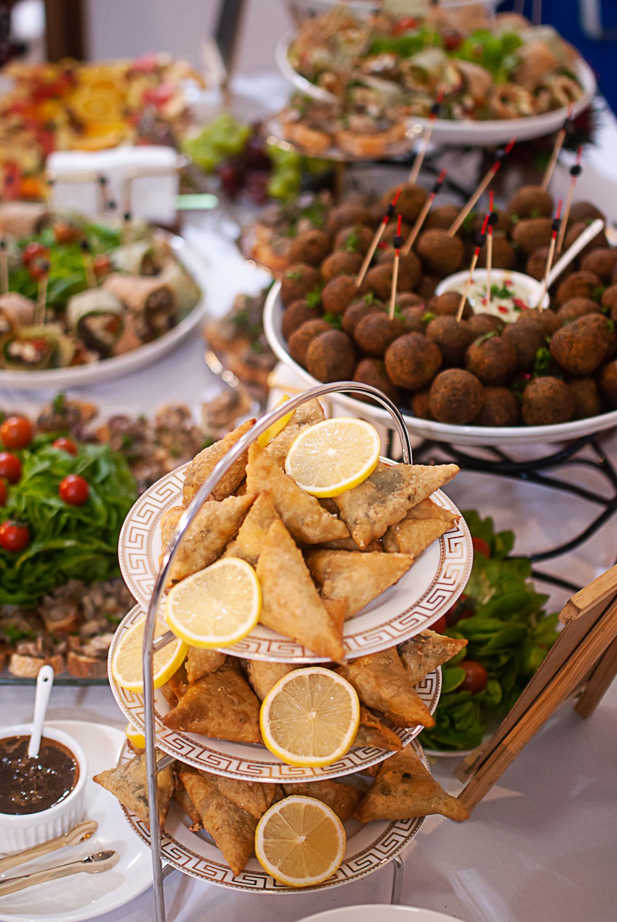Dishes laid out on a catering buffet table