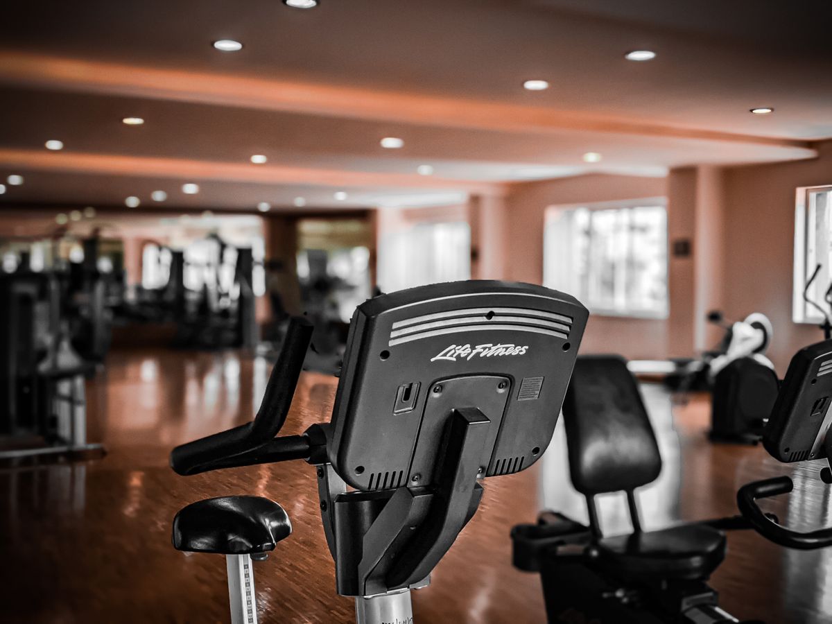 Bright gym interior showing free weights area and training zones