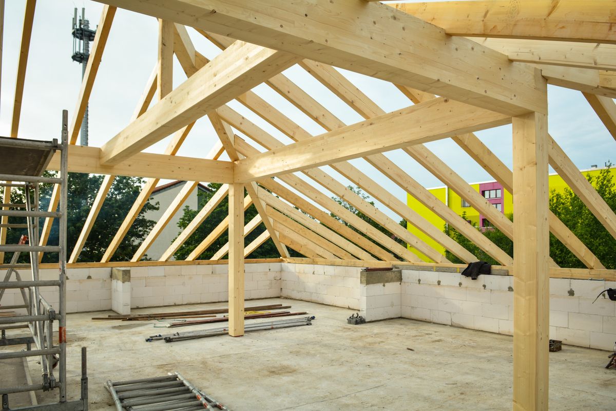 Timber roof frame under construction on a new residential building