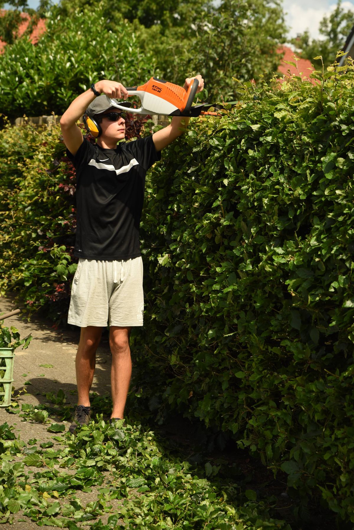 Gardener using a power trimmer to shape a hedge along a garden border