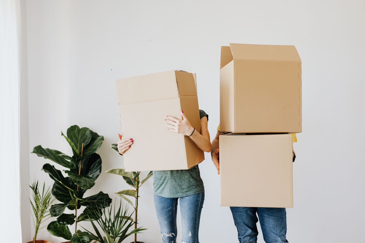 Couple carrying cardboard boxes through their new living room