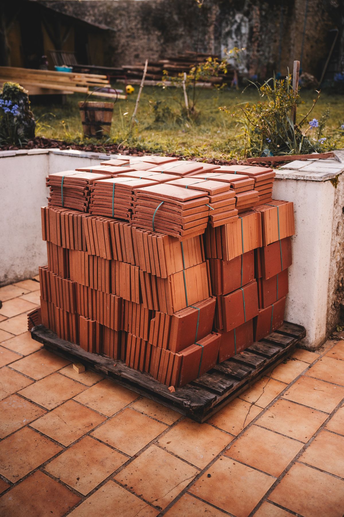 Stack of roof tiles ready for a re-roofing job